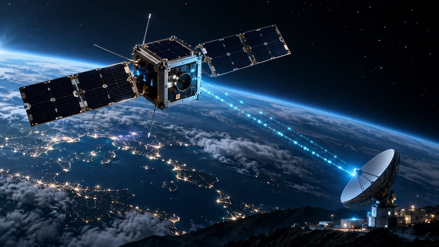 Satellite communicating with a ground station over Earth