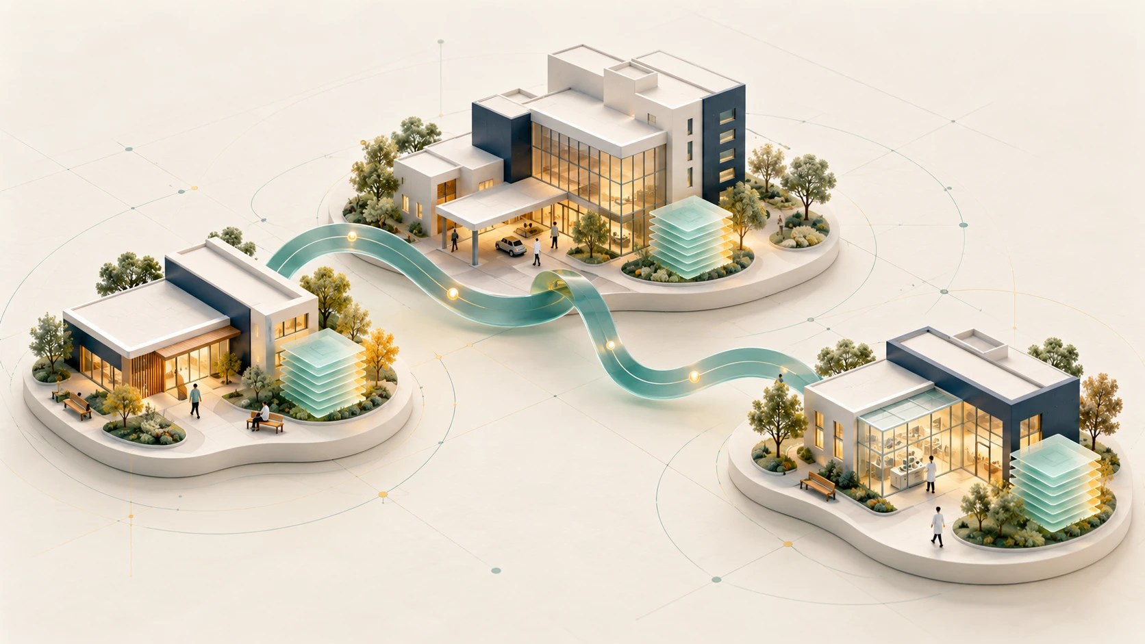 Conceptual illustration of a clinic, hospital and laboratory connected by a teal ribbon, with separate local record stacks.